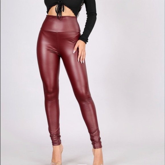 Faux Vegan Leather High Waist Tummy Control Leggings Burgundy Wine - Picture 2 of 3